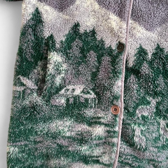 Vintage Basic Editions Fleece Hooded Jacket Forest Deer Cabin Woodland Green M - Picture 4 of 8